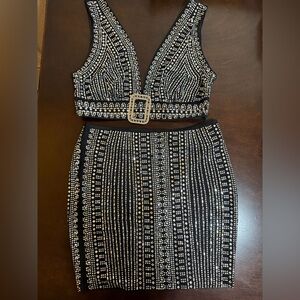Banjul Rhinestone Crystal Two Piece Set Crop Top Mini Skirt Size M